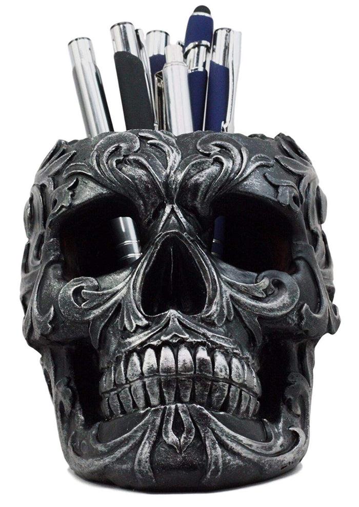 Ebros Gift Tribal Tattoo Floral Skull Pen Holder Figurine 5.75"L Office Decor