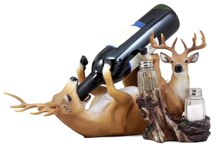 Ebros Gift Trophy Emperor Whitetail Buck Deer Wine Holder And Glass Salt & Pepper Shakers Holder Figurine Decor Set