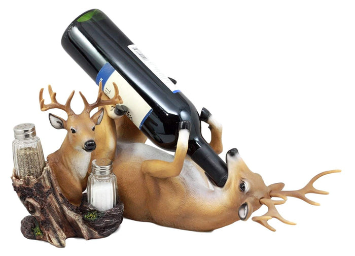 Ebros Gift Trophy Emperor Whitetail Buck Deer Wine Holder And Glass Salt & Pepper Shakers Holder Figurine Decor Set
