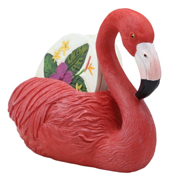 Ebros Gift Tropical Birds Of Paradise Roosting Pink Flamingo Display Holder Coaster Set With 4 Rounded Colorful Floral Coasters 7" Wide