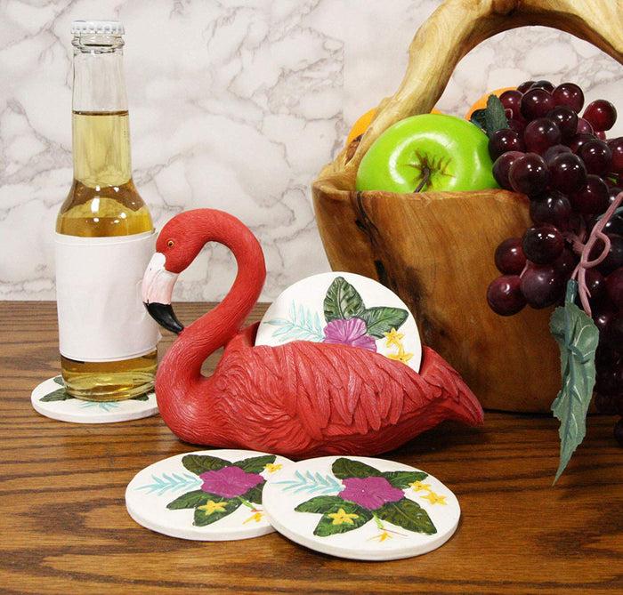 Ebros Gift Tropical Birds Of Paradise Roosting Pink Flamingo Display Holder Coaster Set With 4 Rounded Colorful Floral Coasters 7" Wide
