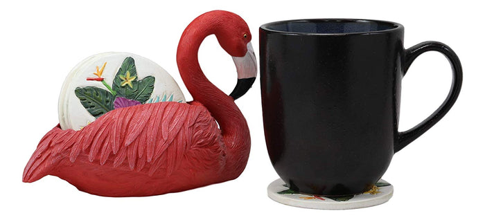Ebros Gift Tropical Birds Of Paradise Roosting Pink Flamingo Display Holder Coaster Set With 4 Rounded Colorful Floral Coasters 7" Wide