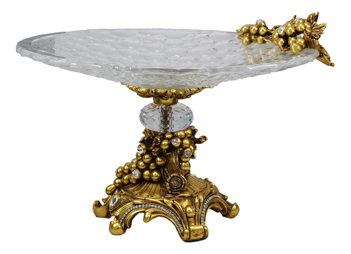 Ebros Gift Vintage Antique Baroque Design Large Crystal Glass Round Dish 16"Wide Dessert Platter Stand With Electroplated Gold Fruits And Grapes Themed Base Sculpture And Austrian Crystals Centerpiece