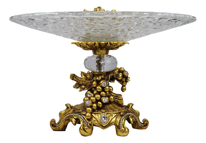 Ebros Gift Vintage Antique Baroque Design Large Crystal Glass Round Dish 16"Wide Dessert Platter Stand With Electroplated Gold Fruits And Grapes Themed Base Sculpture And Austrian Crystals Centerpiece