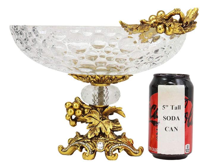 Ebros Gift Vintage Antique Baroque Design Oval Bowl Acrylic Glass Dish 11" Wide Dessert Fruits Footed Platter Stand With Electroplated Gold Vineyard Base Sculpture And Austrian Crystals Centerpiece