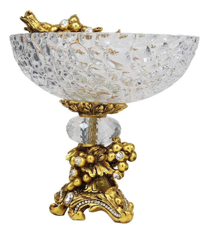 Ebros Gift Vintage Antique Baroque Design Oval Bowl Acrylic Glass Dish 11" Wide Dessert Fruits Footed Platter Stand With Electroplated Gold Vineyard Base Sculpture And Austrian Crystals Centerpiece