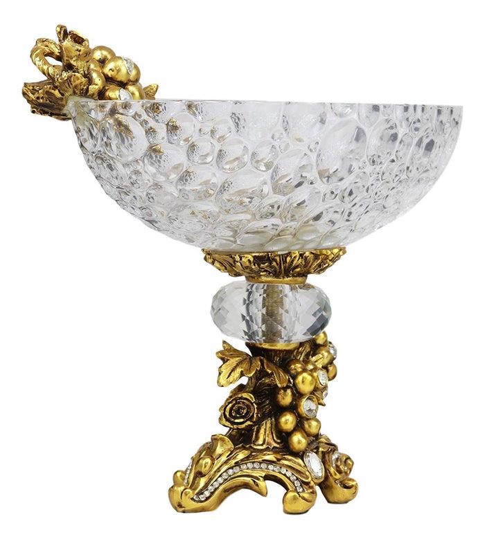 Ebros Gift Vintage Antique Baroque Design Oval Bowl Acrylic Glass Dish 11" Wide Dessert Fruits Footed Platter Stand With Electroplated Gold Vineyard Base Sculpture And Austrian Crystals Centerpiece