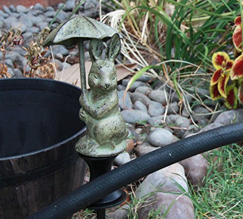 Ebros Gift Whimsical Bunny With Umbrella Aluminum Hose Guard Guide Garden Stake 17.5"H