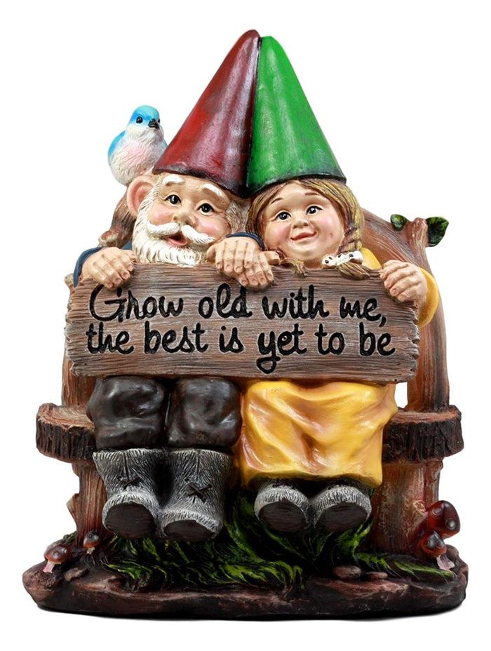 Ebros Gift Whimsical Mr & Mrs Gnome Sitting On Rustic Chair With Blue Bird Statue Grow Old With Me Guest Greeter Patio