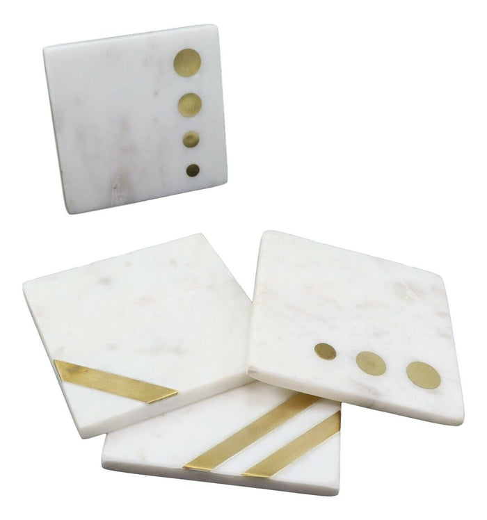 Ebros Gift White Banswara Marble With Gold Metal Accents 4 Piece Coaster Set Drink Coasters 4" Wide Furniture Protector Decorative Home Accent