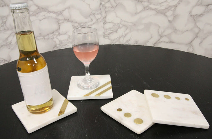 Ebros Gift White Banswara Marble With Gold Metal Accents 4 Piece Coaster Set Drink Coasters 4" Wide Furniture Protector Decorative Home Accent