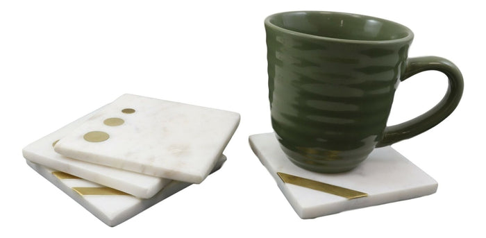 Ebros Gift White Banswara Marble With Gold Metal Accents 4 Piece Coaster Set Drink Coasters 4" Wide Furniture Protector Decorative Home Accent