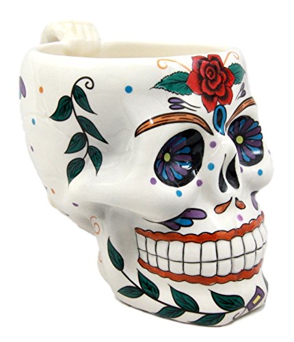 Ebros Gift White Tribal Day Of The Dead Red Rose Sugar Skull Drink Coffee Mug Cup Ceramic 6.25"H