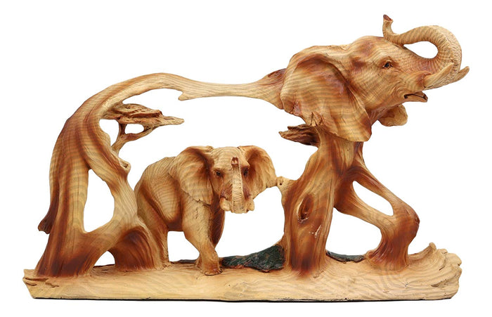 Ebros Gift Wood Decorative African Elephant In Savanna Grassland Scene 12"