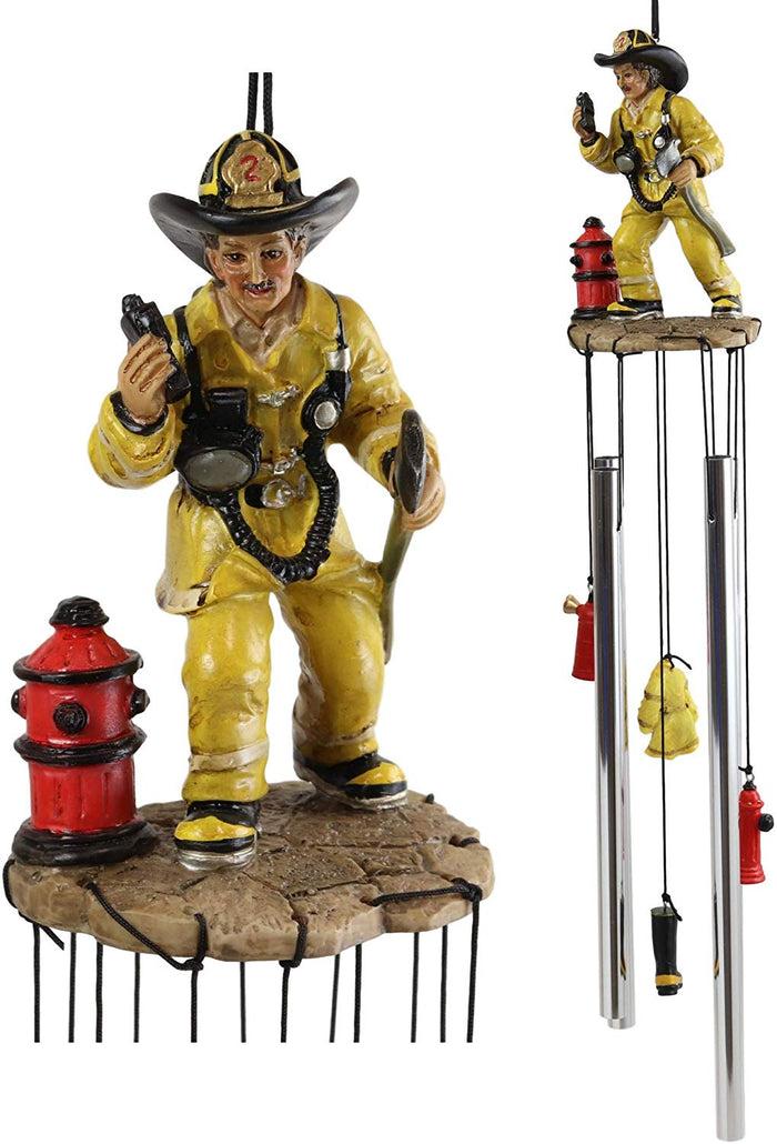 Ebros Gift Yellow Gear Outfit Fireman In Line Of Duty With Axe And Red Hydrant Resonant Relaxing Wind Chime Patio Garden Accent Of Fire Fighters Hydrants 911 Emergency Civil Service