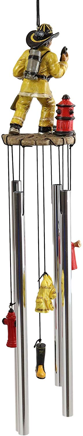 Ebros Gift Yellow Gear Outfit Fireman In Line Of Duty With Axe And Red Hydrant Resonant Relaxing Wind Chime Patio Garden Accent Of Fire Fighters Hydrants 911 Emergency Civil Service