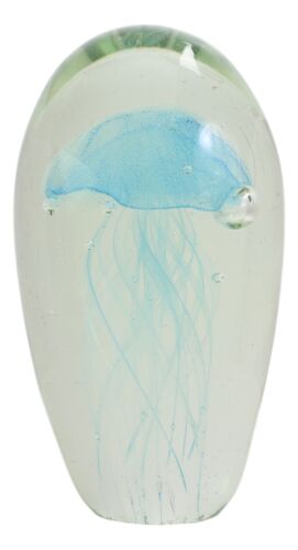 Ebros Glow In The Dark Light Blue Jellyfish 6"H Glass Egg With Color LED Base