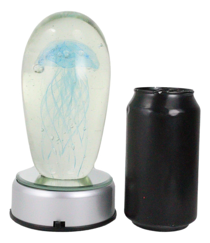 Ebros Glow In The Dark Light Blue Jellyfish 6"H Glass Egg With Color LED Base