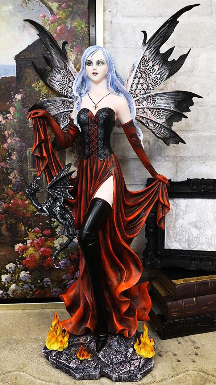 Ebros Goddess Fire Fairy W/ Black Dragon Resin Statue Home Decor Figurine 24.5"H