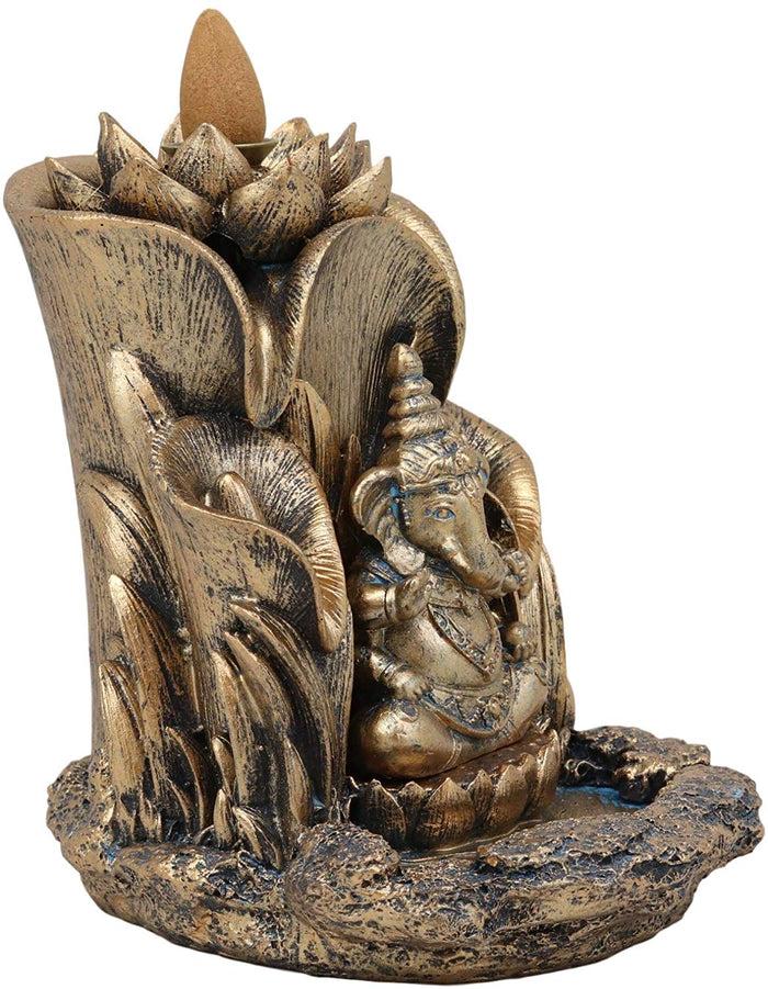 Ebros Golden Hinduism Avatar Ganapati Lord Ganesha With 4 Hands Seated On Lotus Throne Backflow Cone Incense Burner Statue 5.25" Tall Hindu Vastu Wisdom And Prosperity Altar Decor Figurine