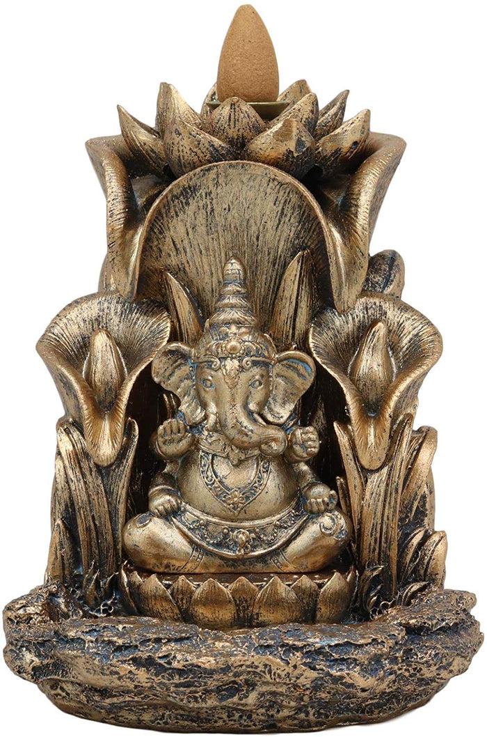 Ebros Golden Hinduism Avatar Ganapati Lord Ganesha With 4 Hands Seated On Lotus Throne Backflow Cone Incense Burner Statue 5.25" Tall Hindu Vastu Wisdom And Prosperity Altar Decor Figurine