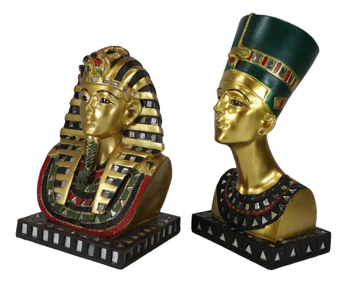 Ebros Golden Mask Of Egypt Pharaoh King TUT And Queen Nefertiti Statue Set Of 2