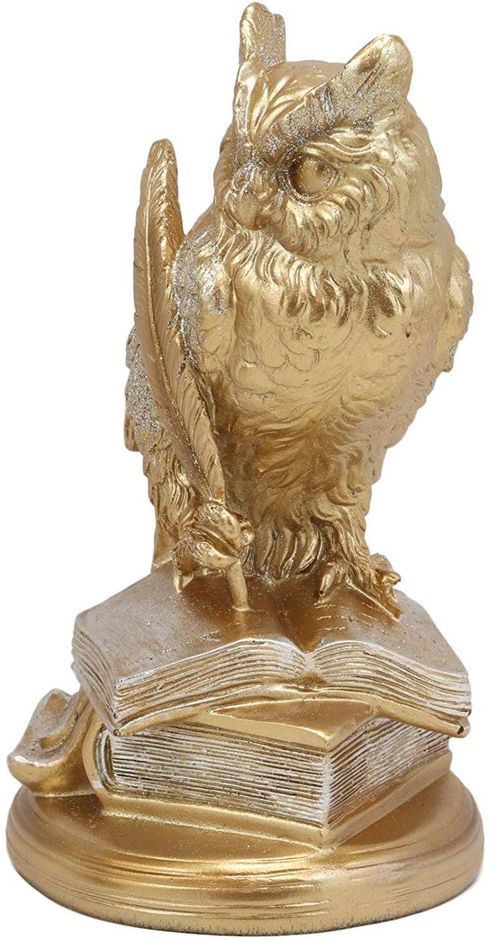 Ebros Golden Owl Of Bibliography Figurine Wisdom Of The Woods Wise Great Horned Owl With A Pen Feather Writing On A Stack Of Scholarly Books Collectible Statue With Glitters Accent Decor Of Owls Theme
