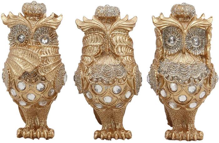 Ebros Golden See Hear Speak No Evil 3 Wise Owls With Royal Crowns And Crystals Figurine Decor Set Wisdom Of The Woods Wise Great Horned Owls Collectible Statues