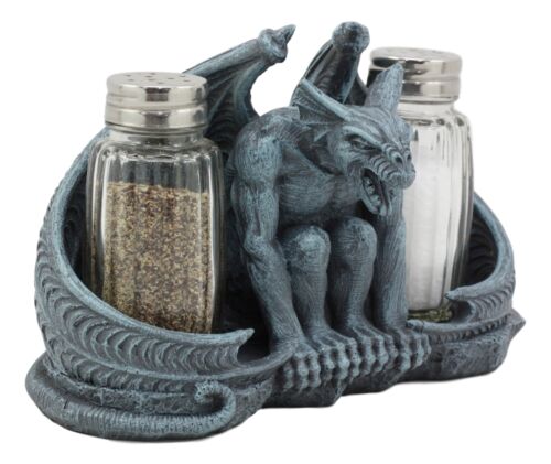 Ebros Gothic Abaddon Crouching Winged Gargoyle Salt And Pepper Shakers Holder Figurine Set 6.5" Long Fantasy Kitchen Decor Statue