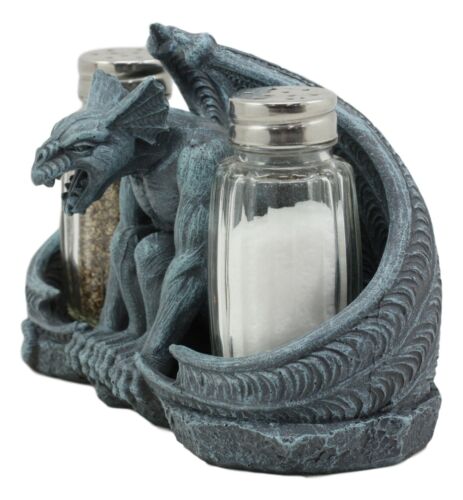 Ebros Gothic Abaddon Crouching Winged Gargoyle Salt And Pepper Shakers Holder Figurine Set 6.5" Long Fantasy Kitchen Decor Statue