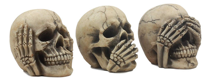 Ebros Gothic Alchemy See Hear Speak No Evil Grinning Skulls Statue Set Of Three 4"High Halloween Decor Ossuary Graveyard Figurines