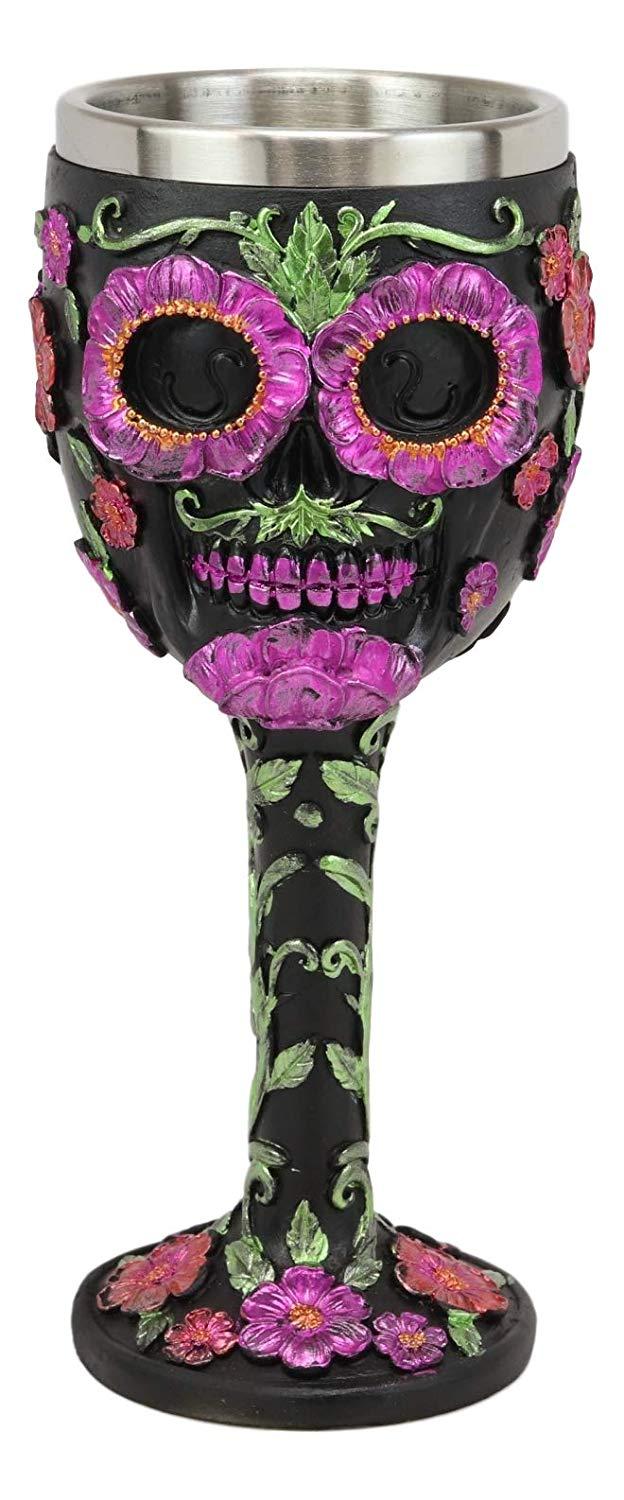 Ebros Gothic Black Red Pink Green Day Of The Dead Sugar Skull Wine Goblet 7oz