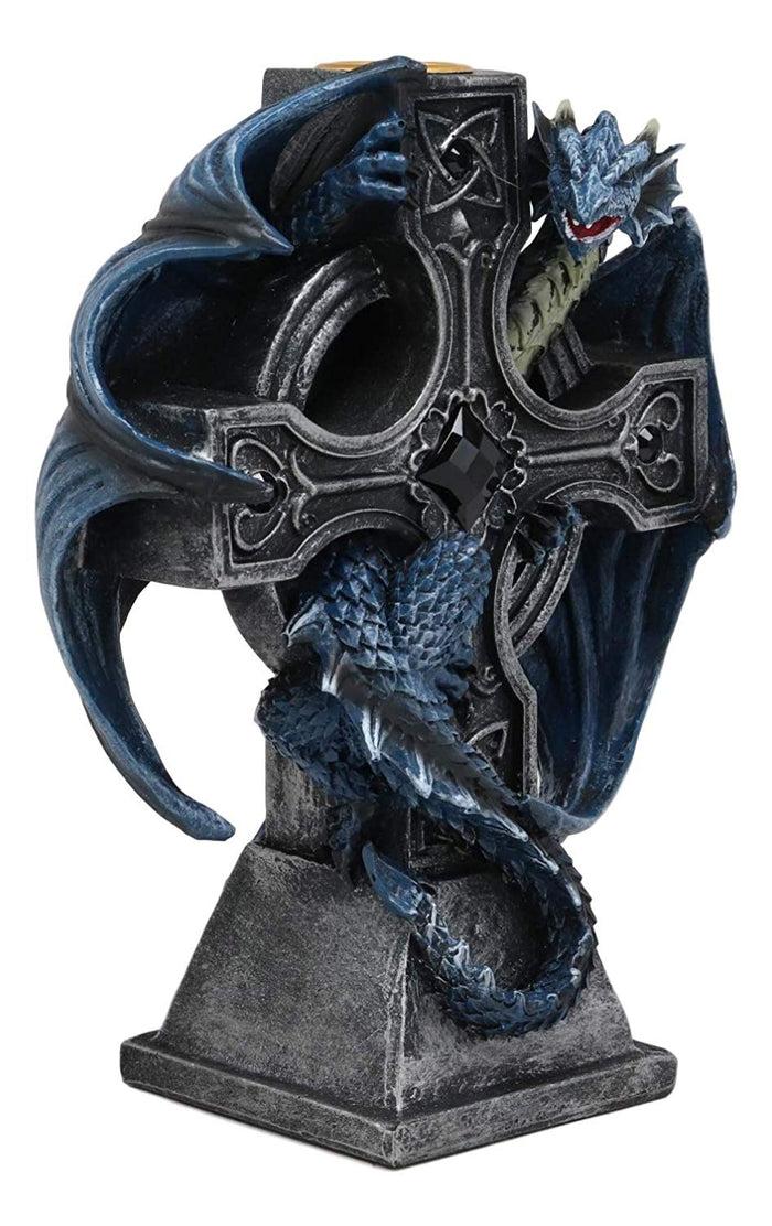 Ebros Gothic Blue Thracian Dragon Altar Drake Cross Candle Holder Figurine 7" Tall Candleholder Statue Medieval Renaissance Fantasy Decor Dungeons And Dragons Accent Centerpiece