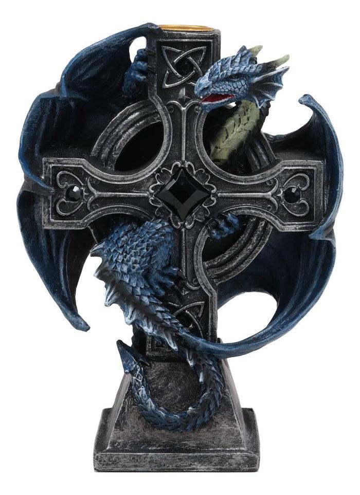 Ebros Gothic Blue Thracian Dragon Altar Drake Cross Candle Holder Figurine 7" Tall Candleholder Statue Medieval Renaissance Fantasy Decor Dungeons And Dragons Accent Centerpiece