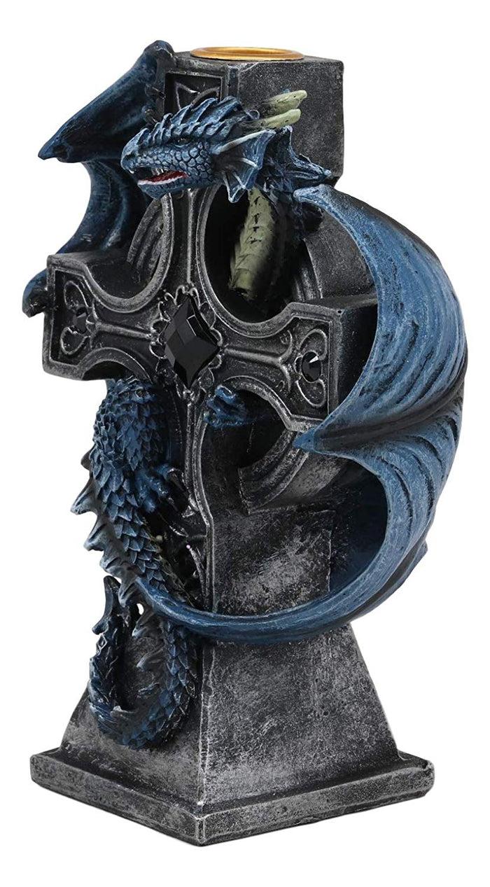 Ebros Gothic Blue Thracian Dragon Altar Drake Cross Candle Holder Figurine 7" Tall Candleholder Statue Medieval Renaissance Fantasy Decor Dungeons And Dragons Accent Centerpiece
