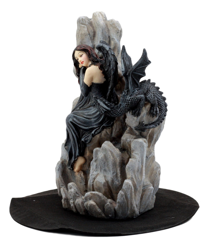 Ebros Gothic Dark Angel W/ Shadow Dragon On Waterfall Rocky Cliff Figurine 7.5" H