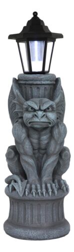 Ebros Gothic Gargoyle Statue With Solar LED Lantern Light Post 20" Tall Figurine