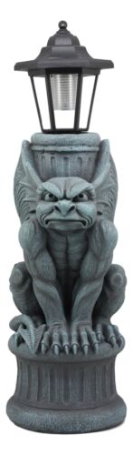 Ebros Gothic Gargoyle Statue With Solar LED Lantern Light Post 20" Tall Figurine