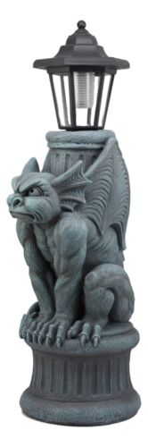 Ebros Gothic Gargoyle Statue With Solar LED Lantern Light Post 20" Tall Figurine