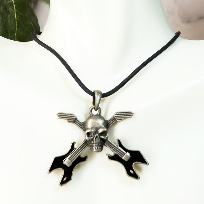 Ebros Gothic Skull Rocker With Crossed Dual Guitar Pewter Necklace Pendant