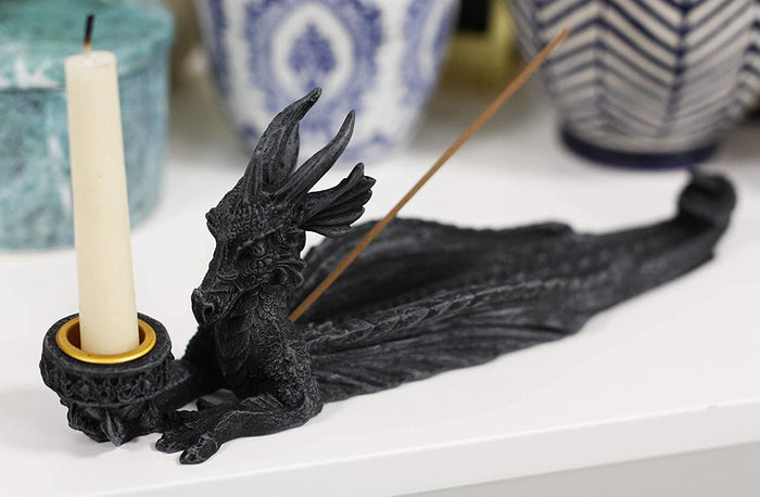 Ebros Gothic Stony Dragon Incense Burner And Candle Holder Figurine 10" Long