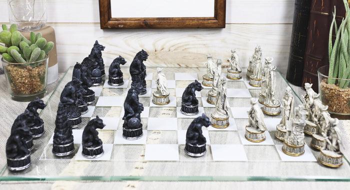 Ebros Gothic Vampires VS Werewolves Dracula Chess Pieces And Glass Board Set