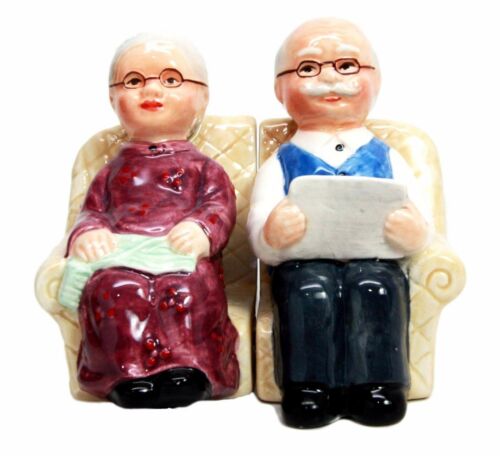 Ebros Grandma & Grandpa Couple Sofa Past Times Ceramic Salt Pepper Shaker Set