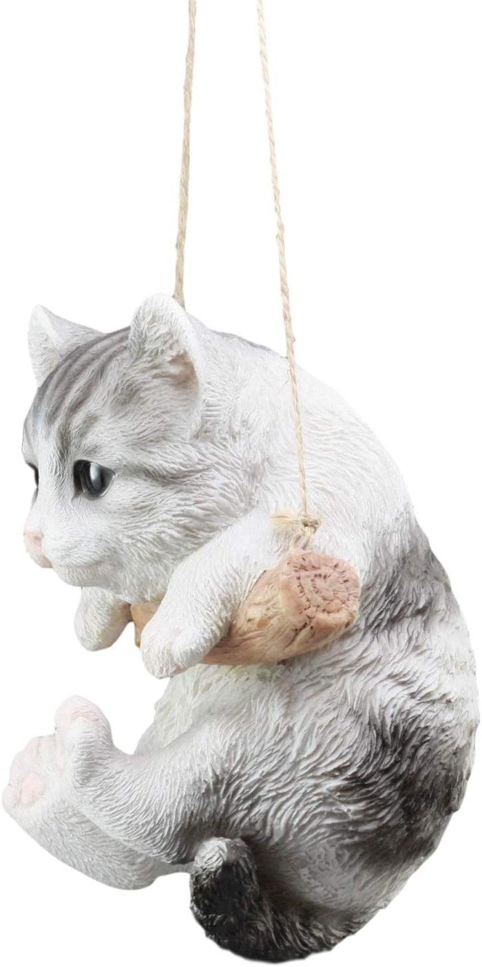 Ebros Gray Striped Tabby Kitten Macrame Branch Hanger 5.5"H With Jute Strings