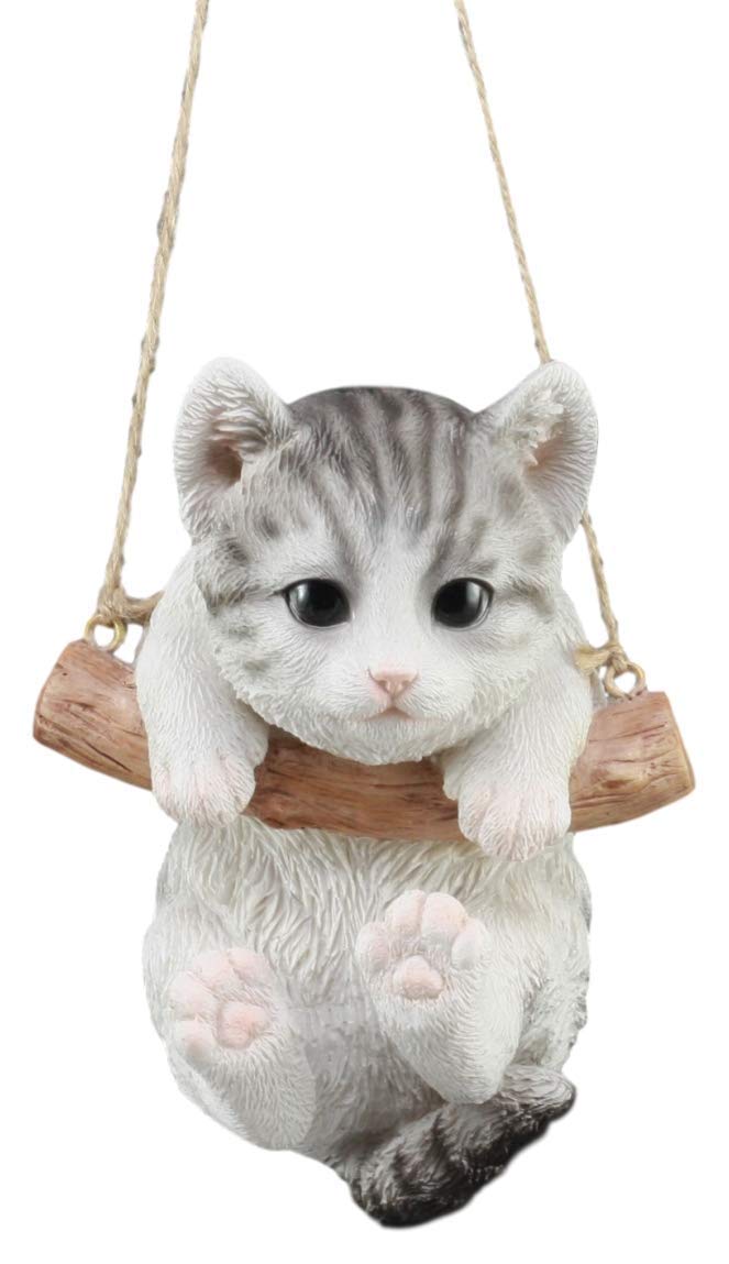 Ebros Gray Striped Tabby Kitten Macrame Branch Hanger 5.5"H With Jute Strings