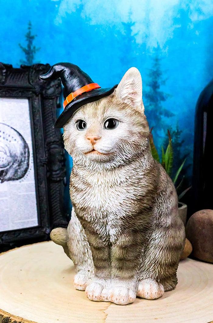 Ebros Gray Tabby Cat With Wizard Witches Hat Collectible Home Decor Figurine