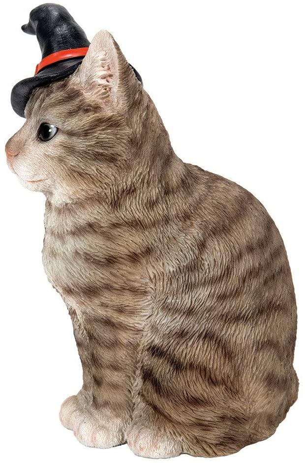 Ebros Gray Tabby Cat With Wizard Witches Hat Collectible Home Decor Figurine