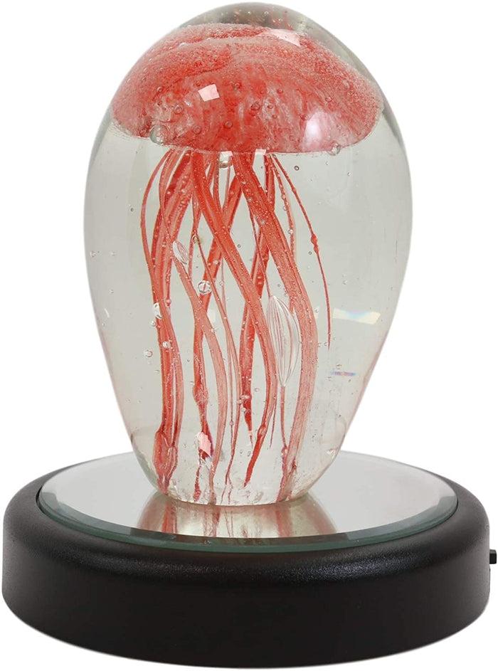 Ebros Hand Blown Glass Glow In The Dark Translucent Jellyfish & LED Base (Red)