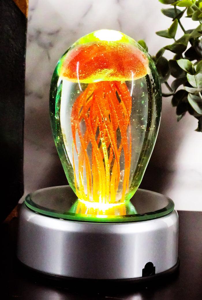 Ebros Hand Blown Glass Glow In The Dark Translucent Jellyfish & LED Base (Red)