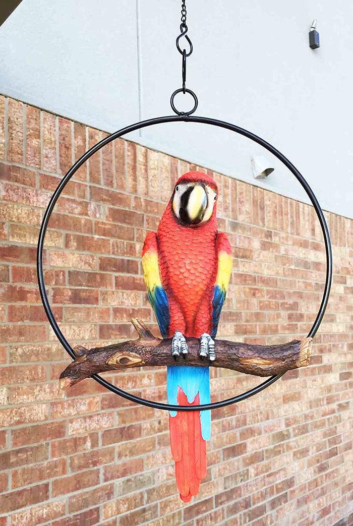 Ebros Hanging Scarlet Macaw Parrot Perching On Branch In Metal Round Ring Figurine 13.5" H